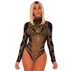 Black mesh bodysuit gold rhinestones XL